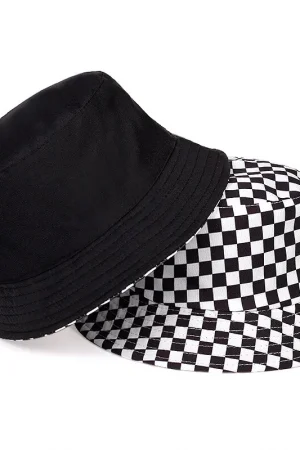 Unisex Black White Checkered Printing Personality Bucket Hats Fishermen Caps Outdoor Casual Cap Sunscreen Hat