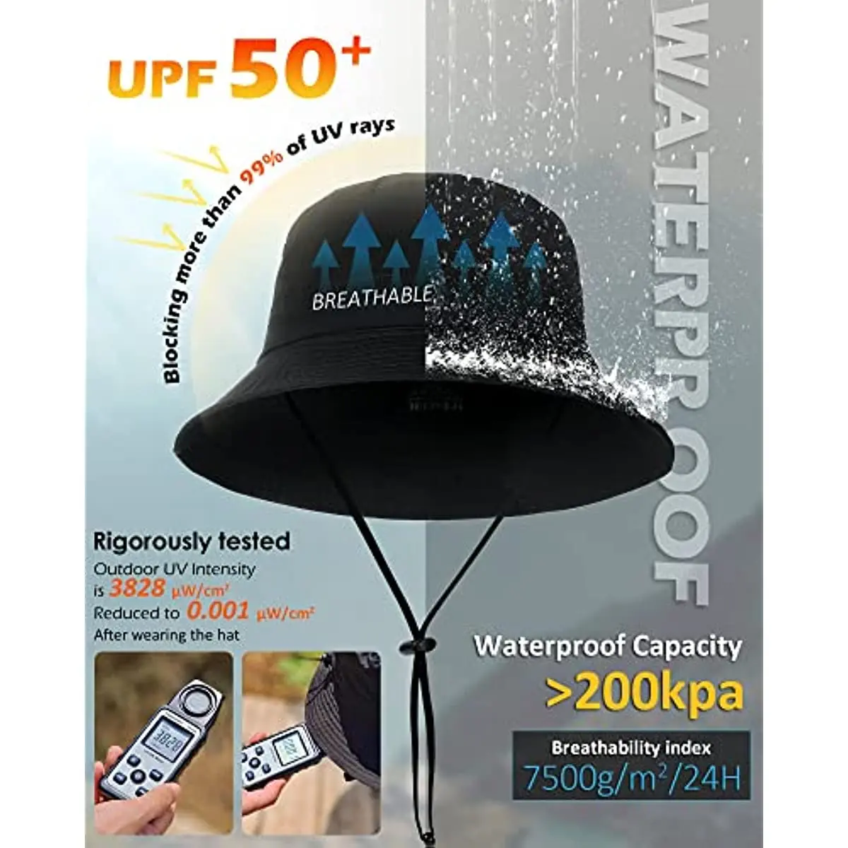 Waterproof Bucket Hat for Women Men Rain Hat UPF 50+ Wide Brim Boonie Sun Hat Foldable Summer Floppy Beach Fishing Safari Hat - Image 2